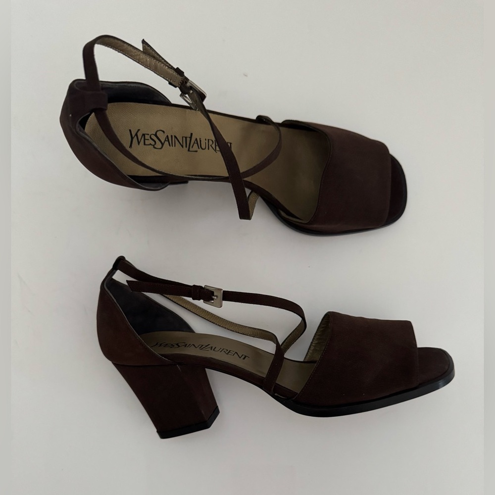 Yves Saint Laurent Vintage Open Toe Block Heel Strappy Sandals Brown Sz.7 Italy - Picture 5 of 11